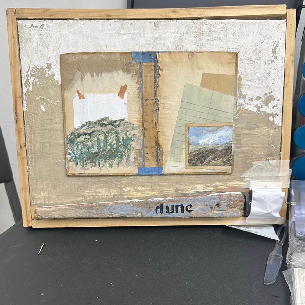 Dune Abstract Art Piece with Mixed Media Elements and music box